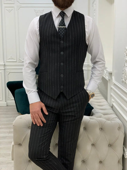 Lagos Black Slim Fit Peak Lapel Pinstripe Suit - Versatile Elegance for Every Occasion brabion
