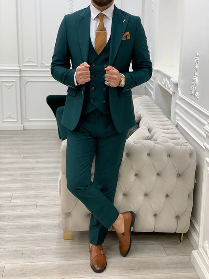 Amato Green Slim Fit Peak Lapel Suit - Versatile Three-Piece Elegance brabion