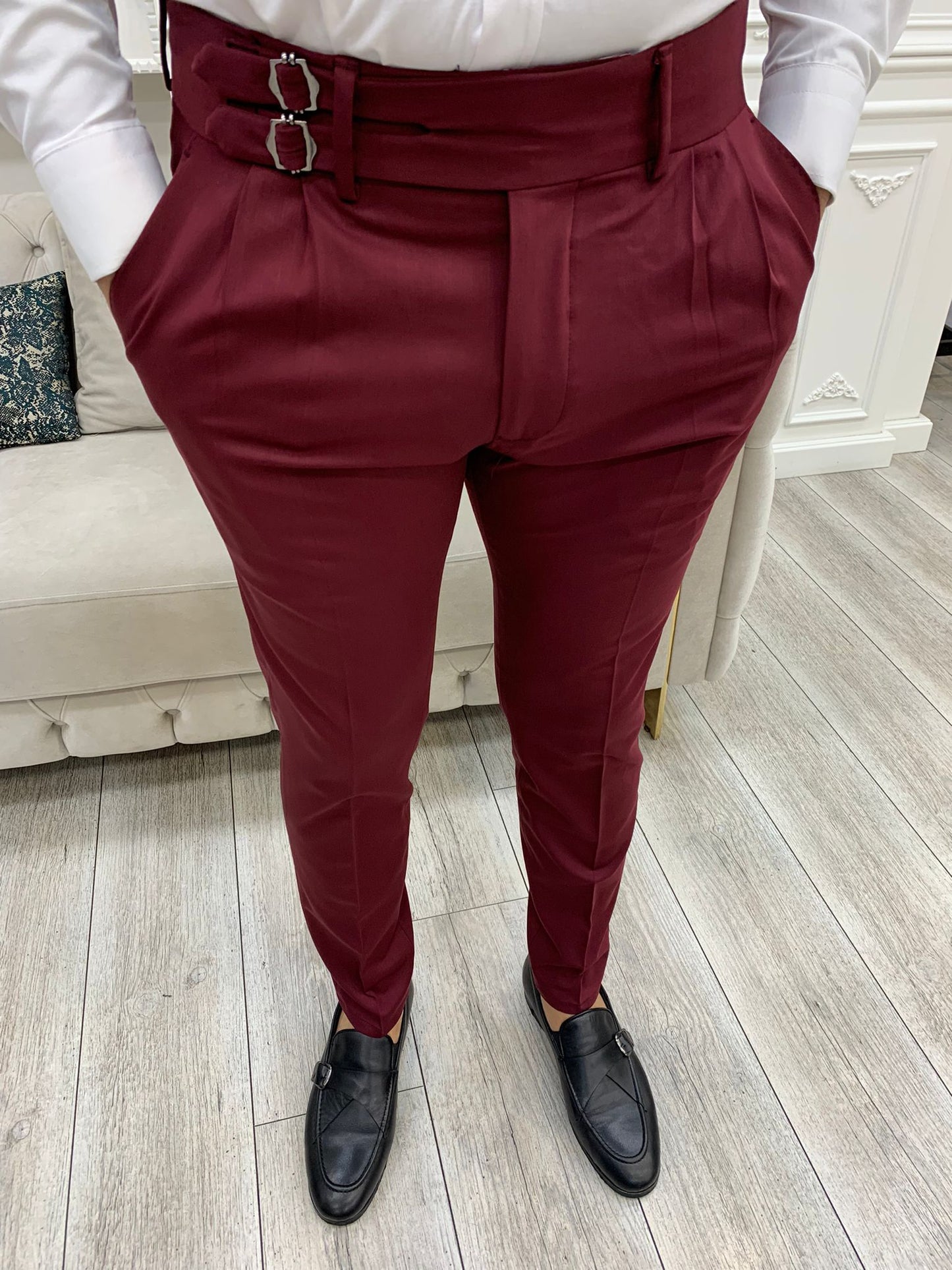 Burgundy Buckled Canvas Trousers for Every Occasion