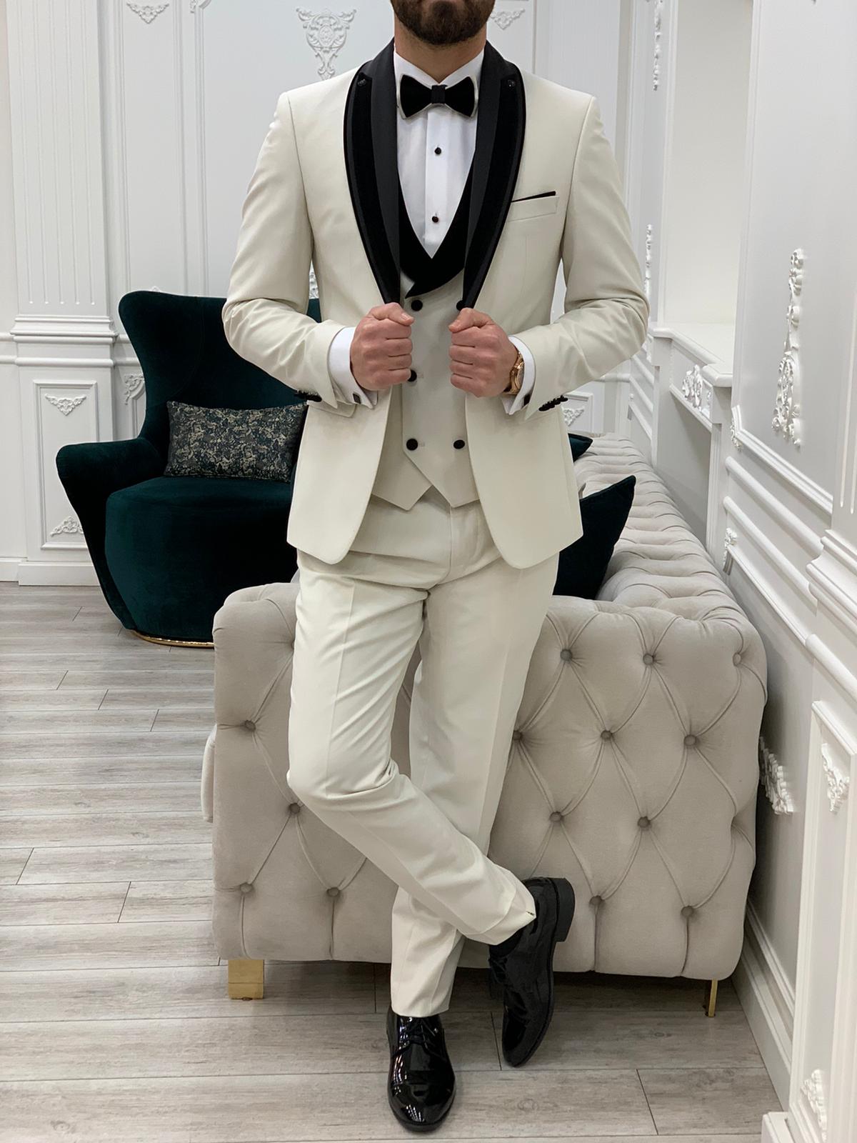 Eden Off White Slim Fit Velvet Satin Shawl Lapel Tuxedo