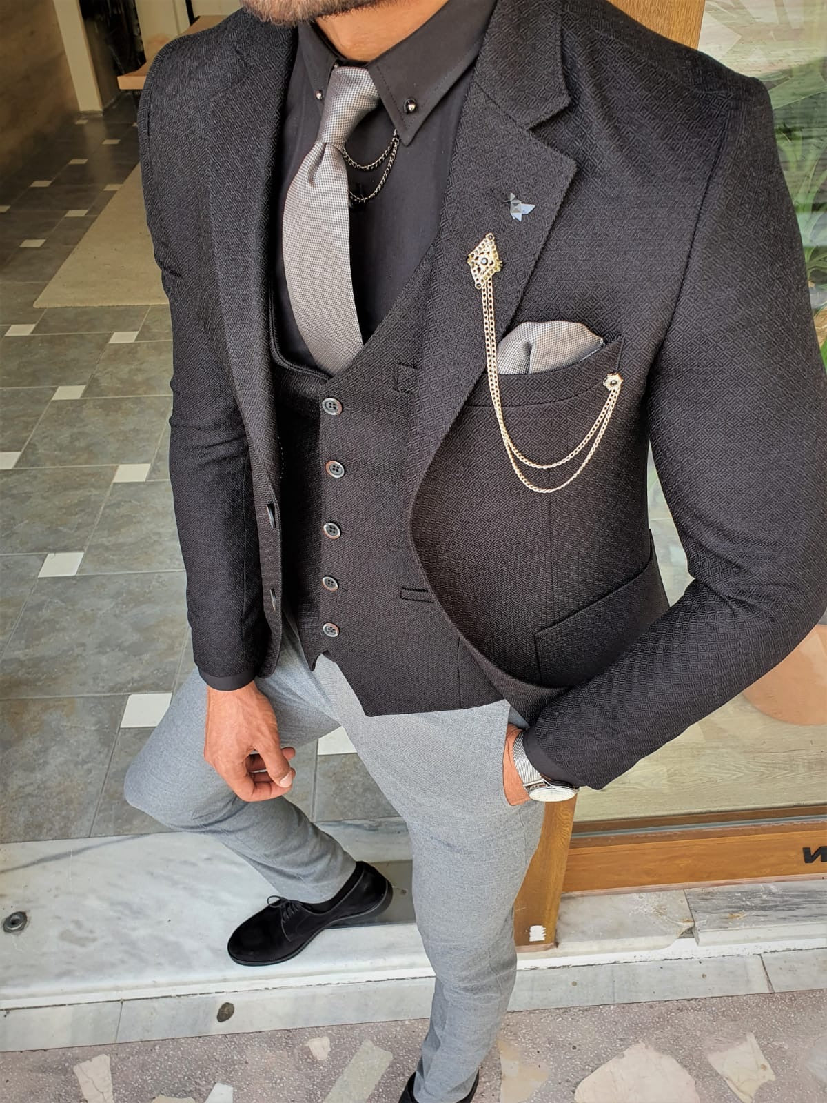 Henderson Jet Black Slim Fit Three-Piece Suit