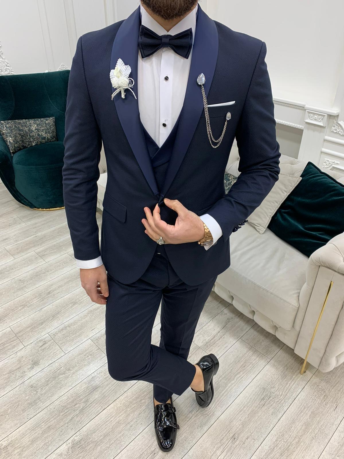 Avion Navy Blue Slim Fit Shawl Lapel Tuxedo