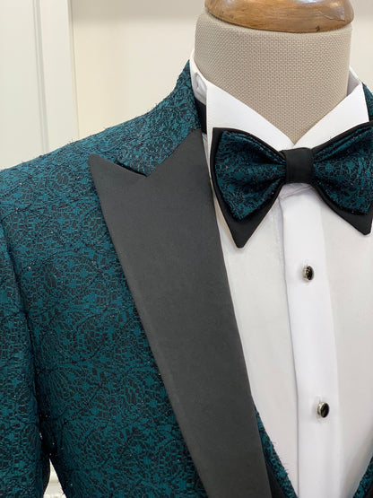 Caesar Green Slim Fit Peak Lapel Floral Patterned Tuxedo