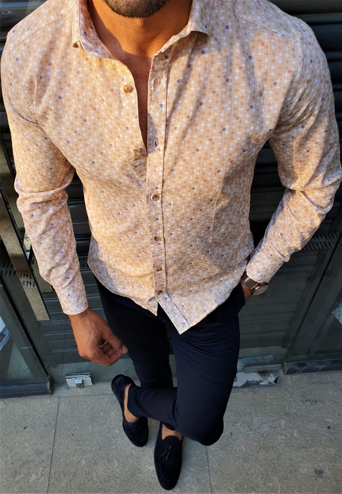 Brabion Stefano Beige Patterned Slim-Fit Cotton Shirt