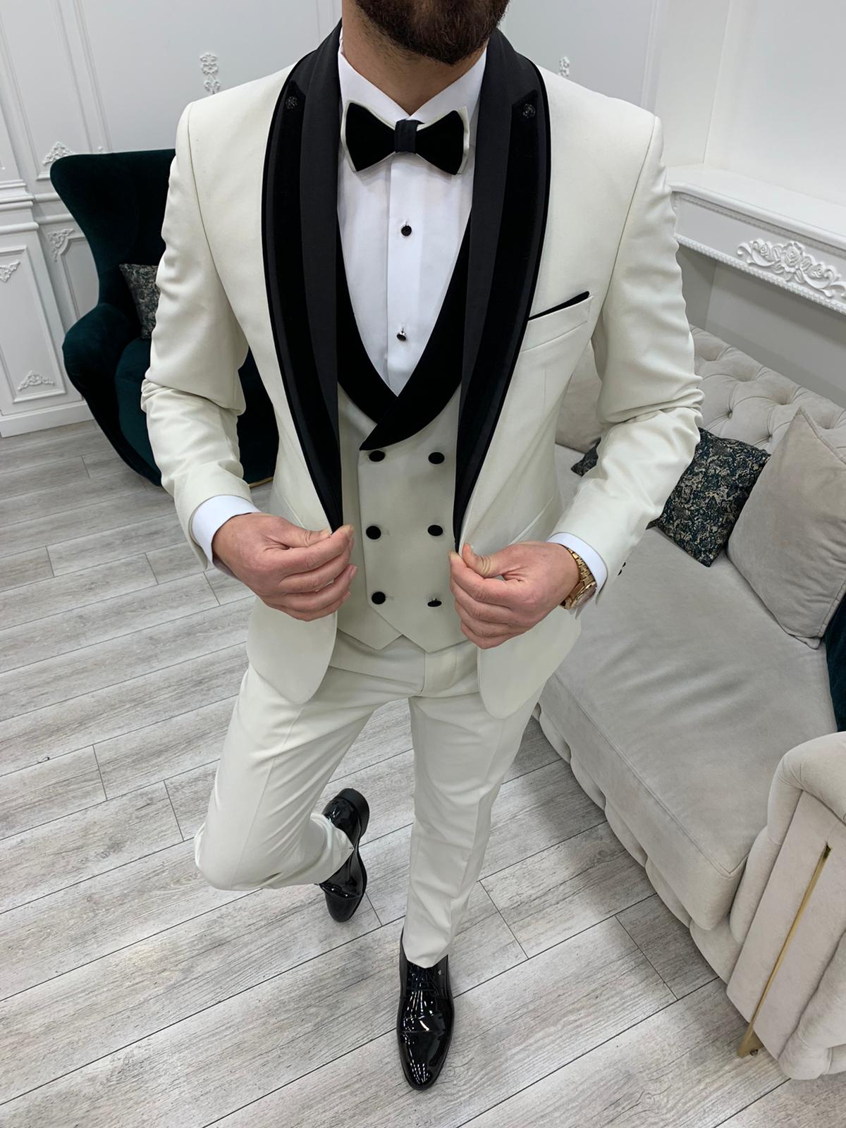 Eden Off White Slim Fit Velvet Satin Shawl Lapel Tuxedo