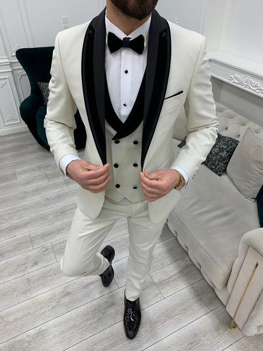 Eden Off White Slim Fit Velvet Satin Shawl Lapel Tuxedo