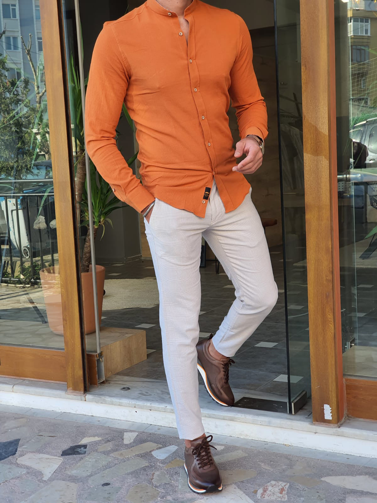 Brabion Aron Orange Slim Fit Long Sleeve Cotton Shirt