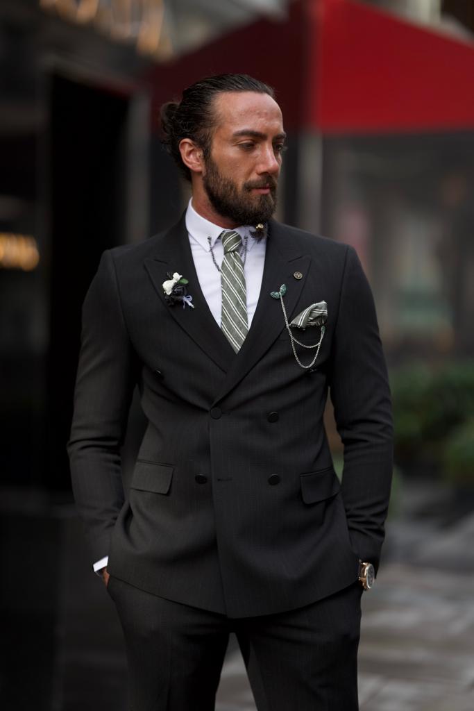 Sorento Black Slim Fit Double Breasted Pinstripe Suit