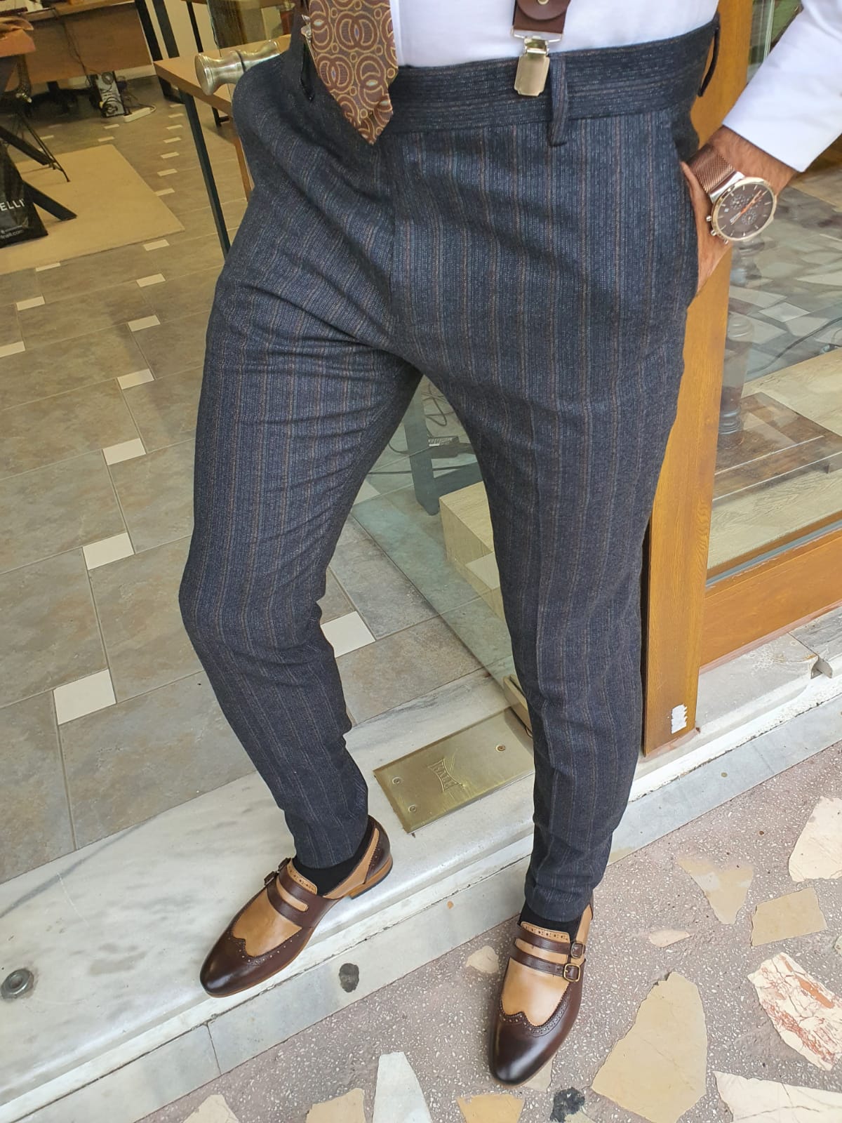 Lazio Dark Blue Slim Fit Striped Pants