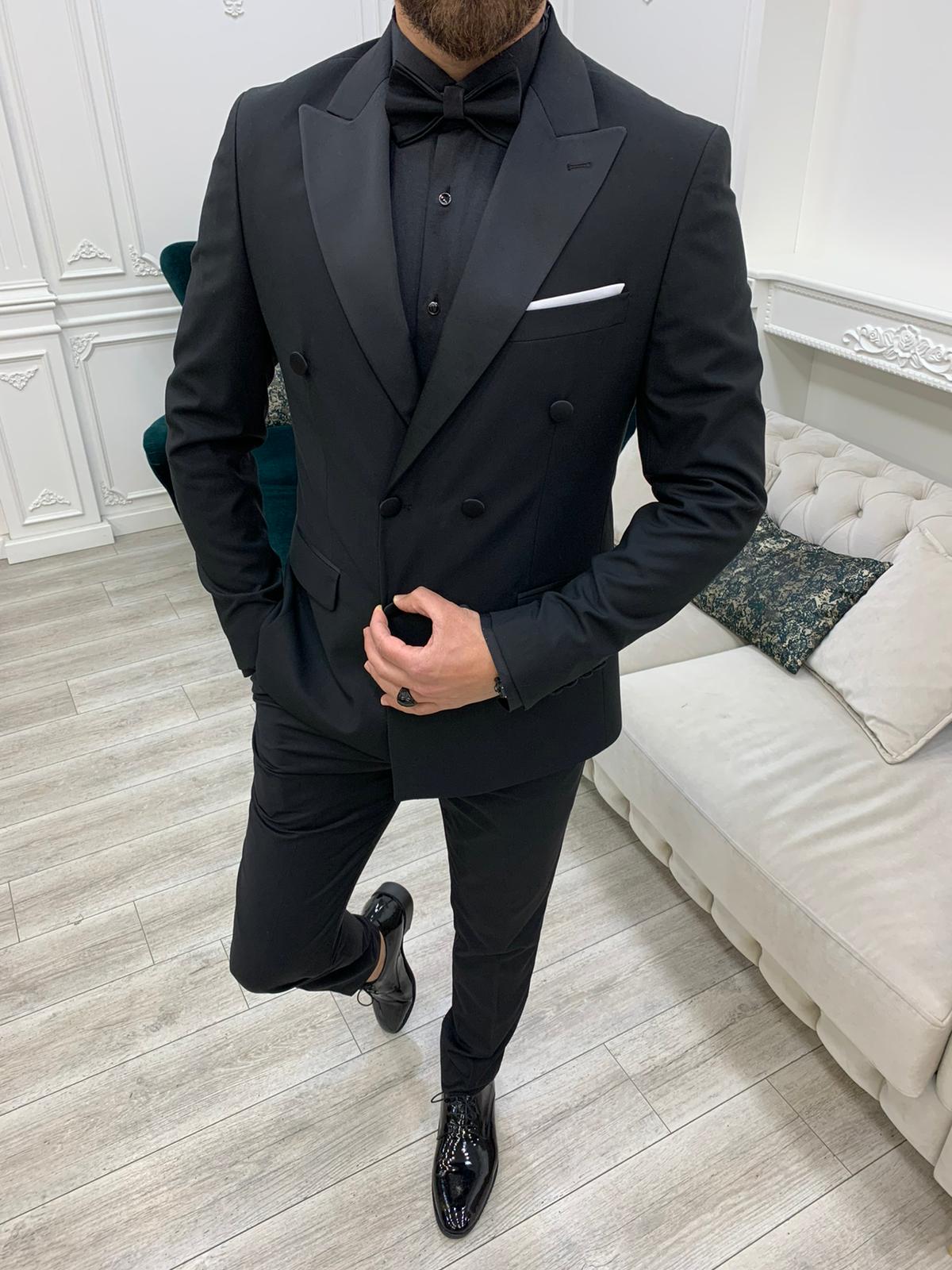 Forte Black Slim Fit Double Breasted Peak Lapel Tuxedo