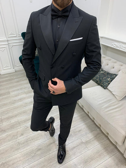 Forte Black Slim Fit Double Breasted Peak Lapel Tuxedo