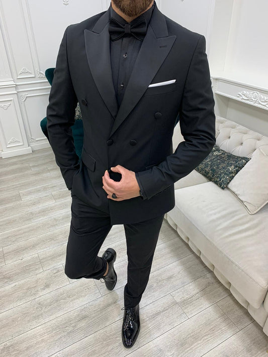 Forte Black Slim Fit Double Breasted Peak Lapel Tuxedo