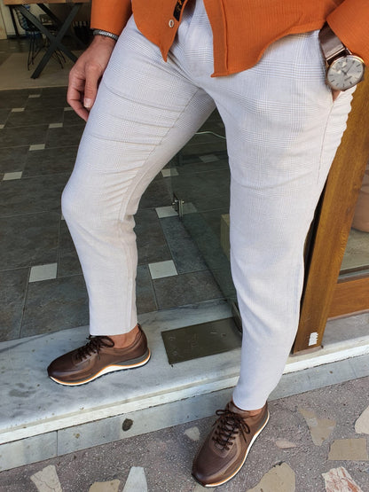 Bristol Beige Slim Fit Plaid Cotton Pants