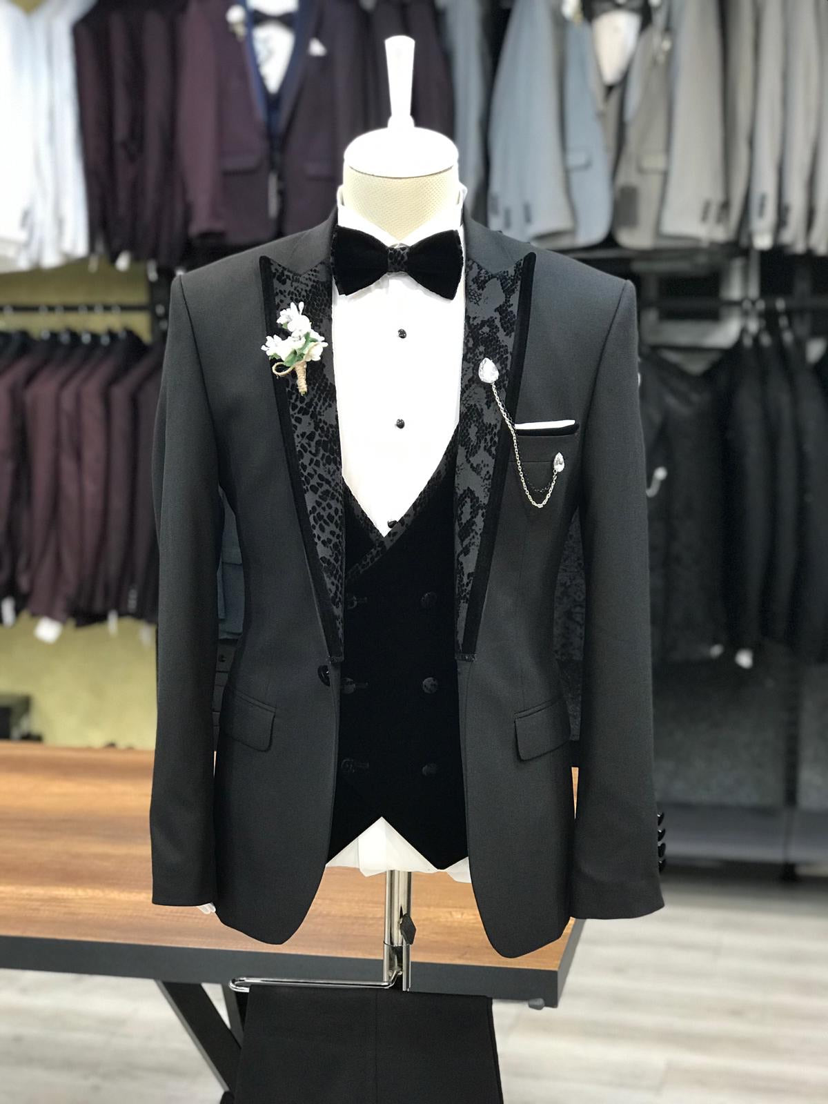 Genova Black Slim Fit Peak Lapel Tuxedo for Elegant Occasions