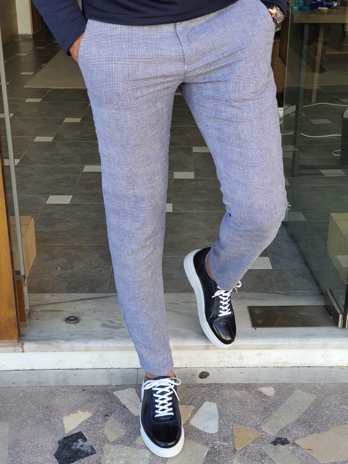 Montreal Navy Blue Slim Fit Plaid Cotton Pants