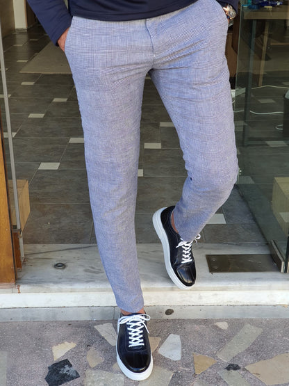 Montreal Navy Blue Slim Fit Plaid Cotton Pants