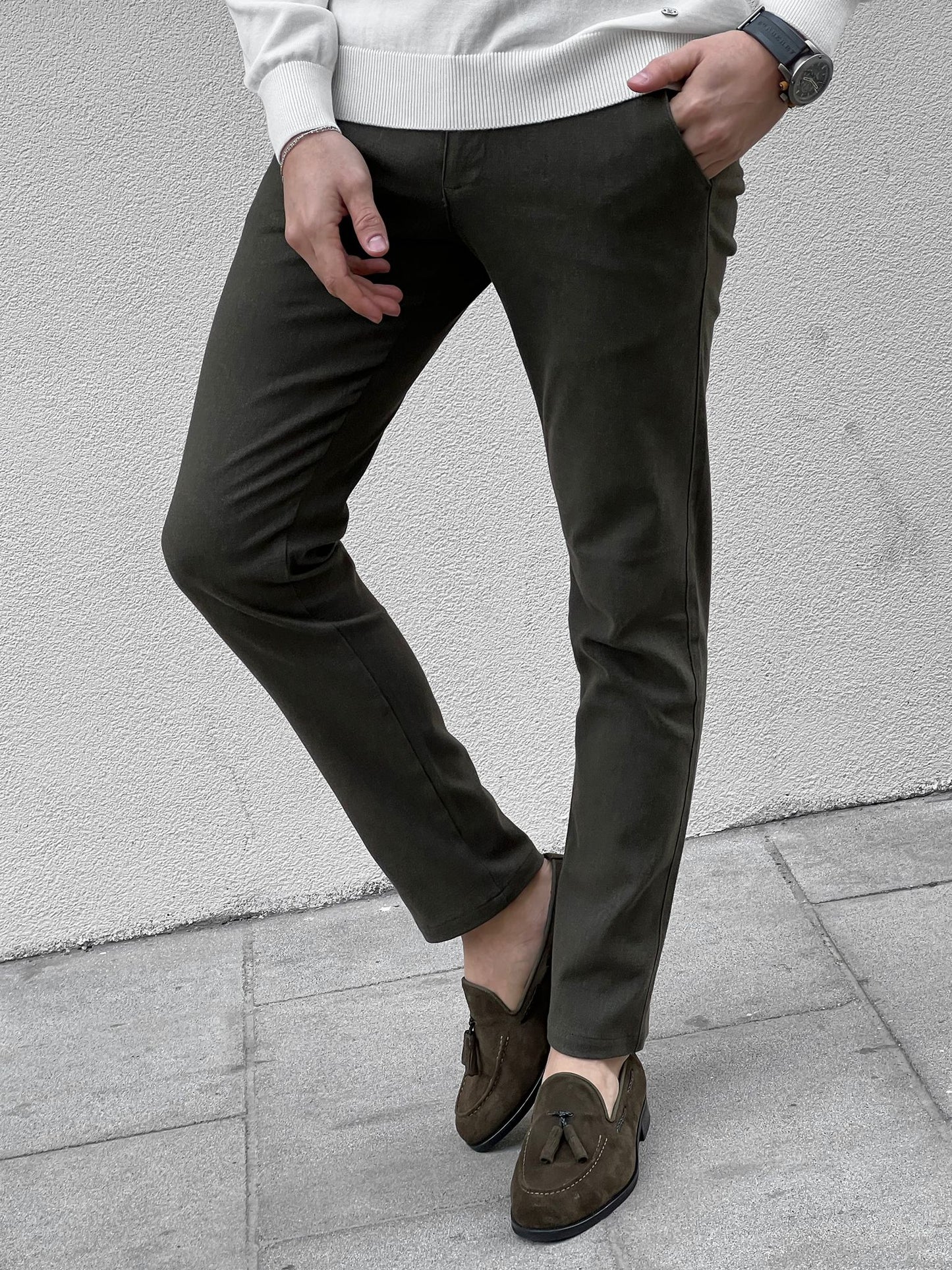 Fabio Khaki Slim Fit Cotton Pants