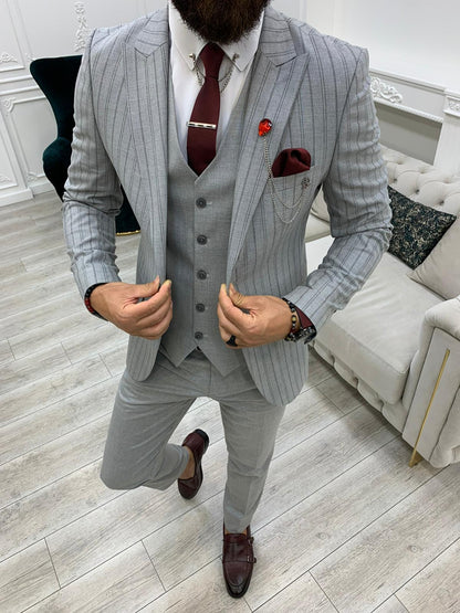 Lambrusco Dark Gray Slim Fit Peak Lapel Striped Suit