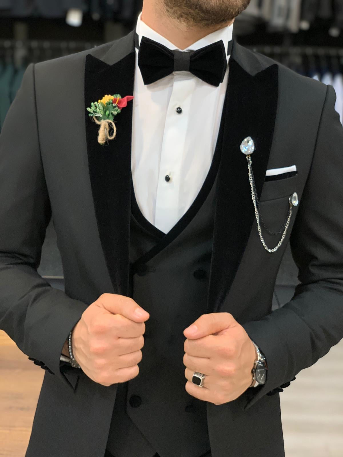 Wilson Black Slim Fit Velvet Peak Lapel Tuxedo