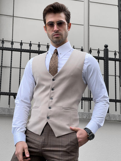 Stefano Slim Fit Beige Woolen Vest - Effortless Elegance