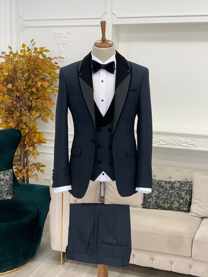 Caesar Navy Blue Slim Fit Velvet Shawl Lapel Tuxedo