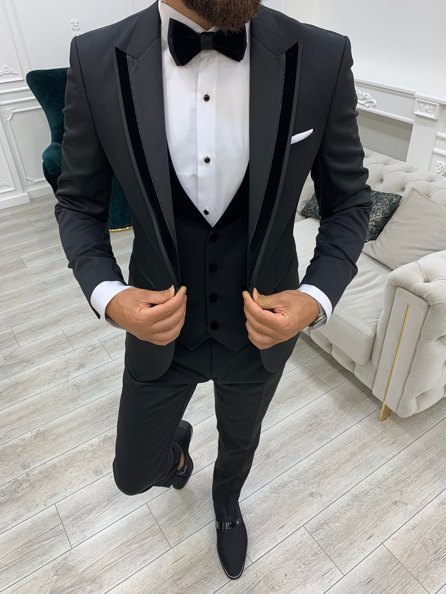Edmond Black Slim Fit Velvet Peak Lapel Tuxedo