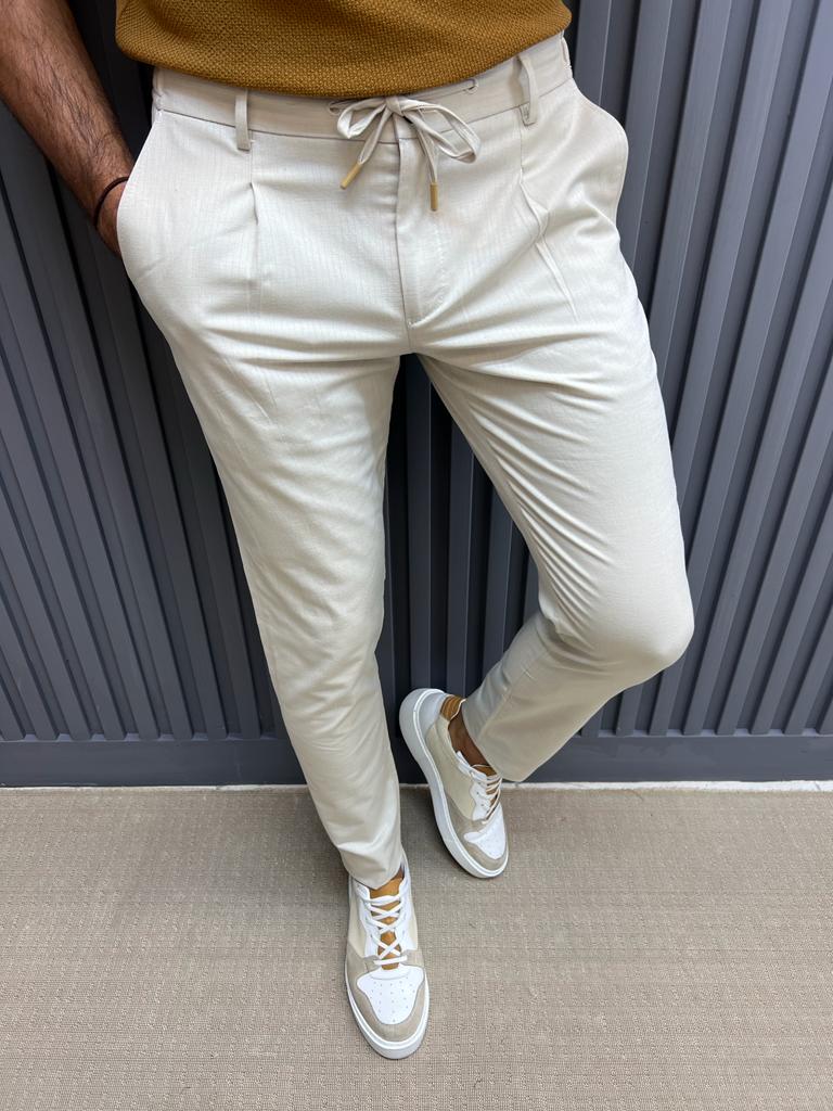 Sorento Beige Slim Fit Linen Pants