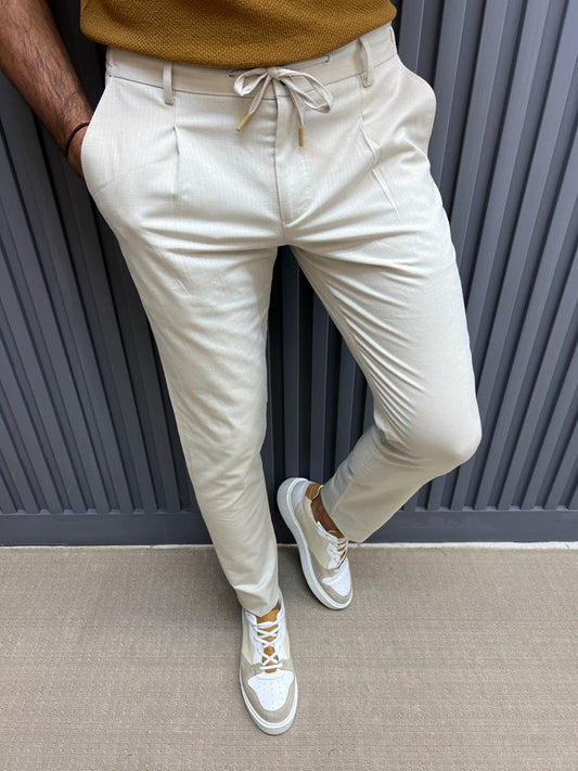 Sorento Beige Slim Fit Linen Pants