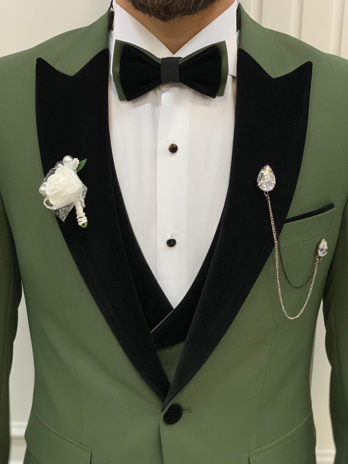 Eden Light Green Slim Fit Velvet Peak Lapel Tuxedo
