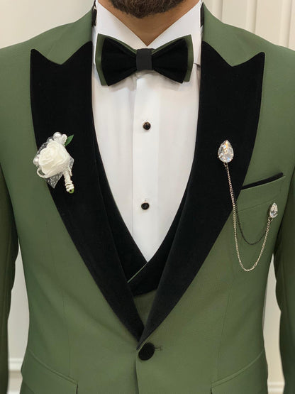 Eden Light Green Slim Fit Velvet Peak Lapel Tuxedo