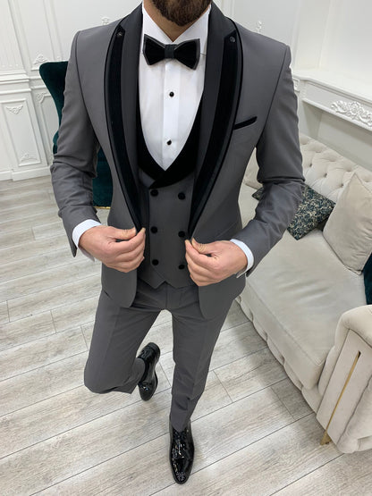 Eden Gray Slim Fit Velvet Satin Shawl Lapel Tuxedo