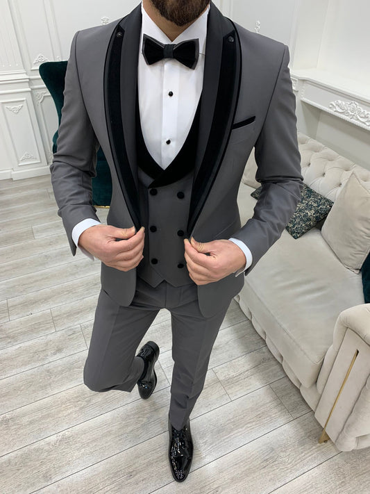 Eden Gray Slim Fit Velvet Satin Shawl Lapel Tuxedo