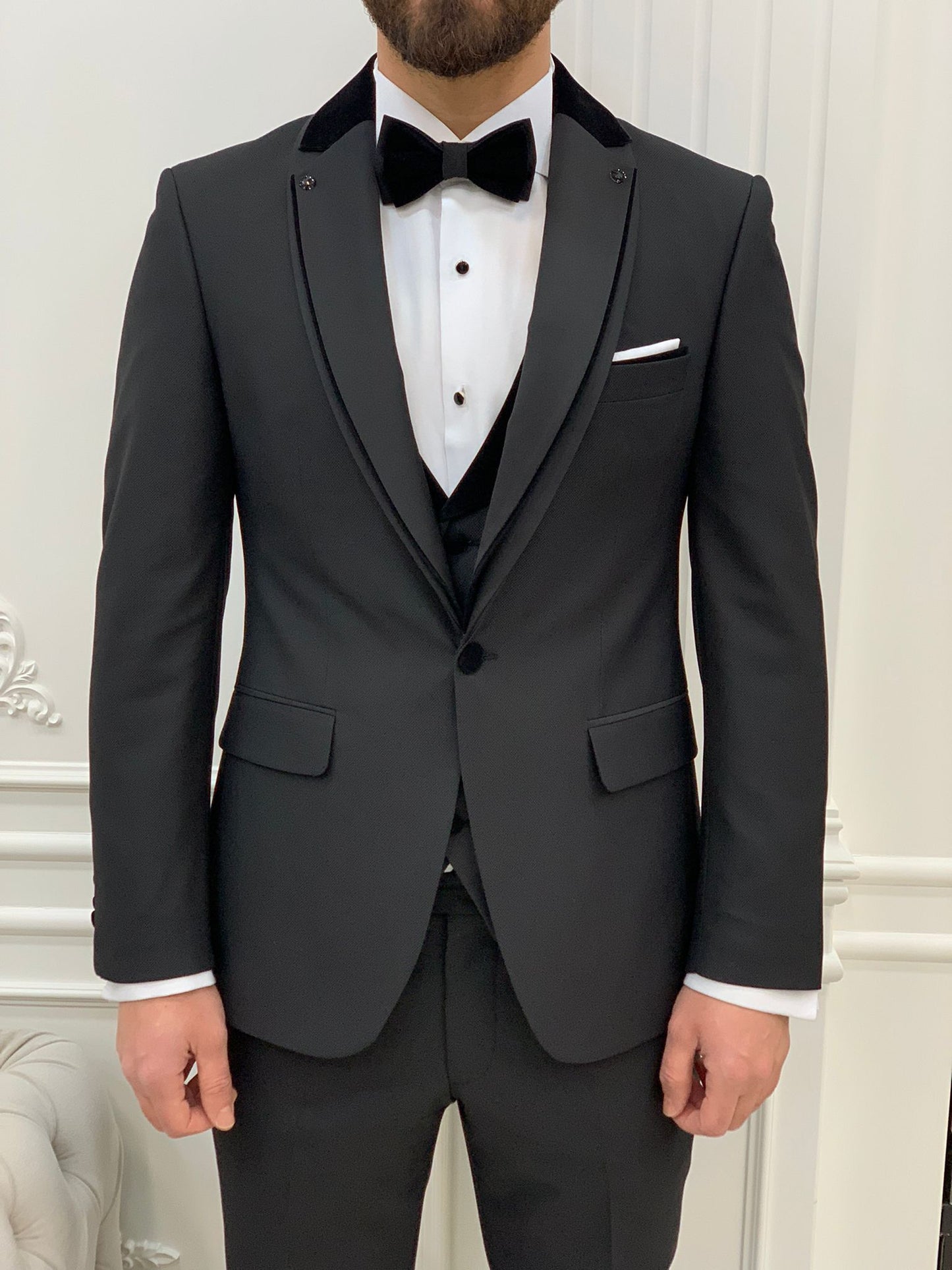 Glendale Black Slim Fit Velvet Satin Shawl Lapel Tuxedo