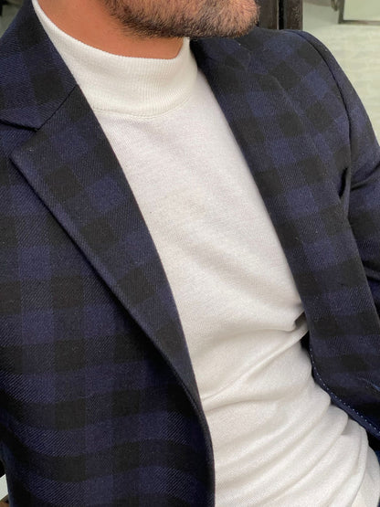 Melbourne Navy Blue Slim Fit Plaid Wool Long Coat