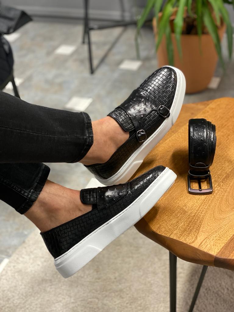 Toros Black Woven Leather Monk Strap Loafers