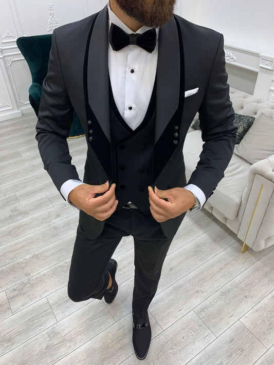 Infinite Black Slim Fit Velvet Shawl Lapel Tuxedo