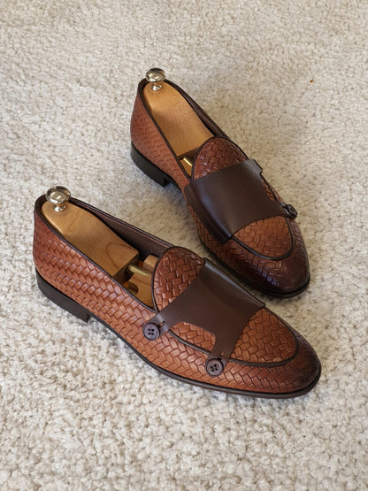 Bristol Tan Woven Leather Double Monk Strap Loafers