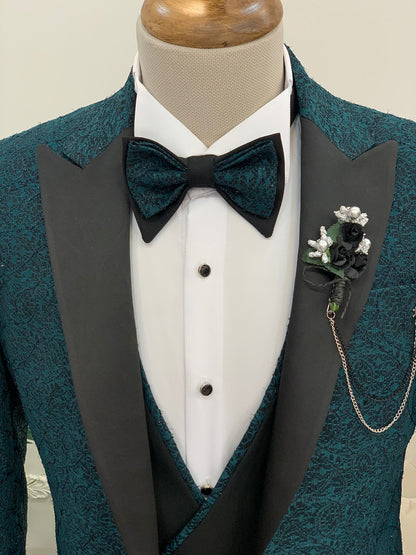 Caesar Green Slim Fit Peak Lapel Floral Patterned Tuxedo