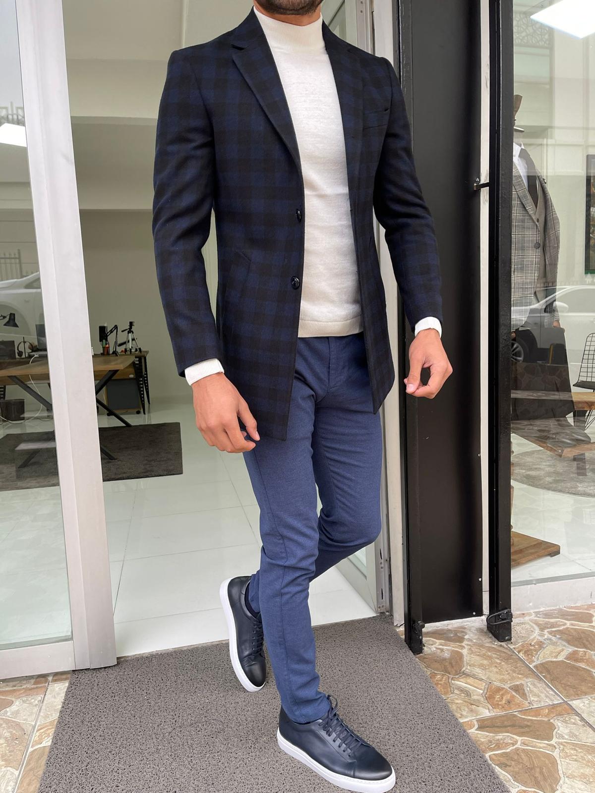 Melbourne Navy Blue Slim Fit Plaid Wool Long Coat