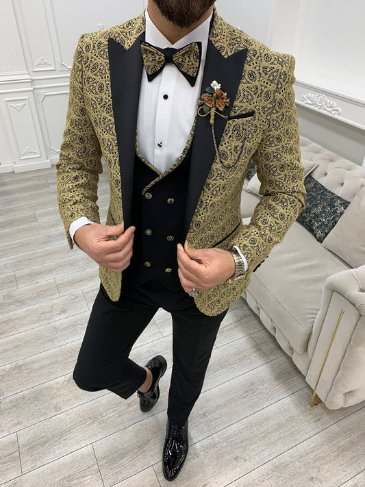Caesar Golden Slim Fit Peak Lapel Floral Patterned Tuxedo