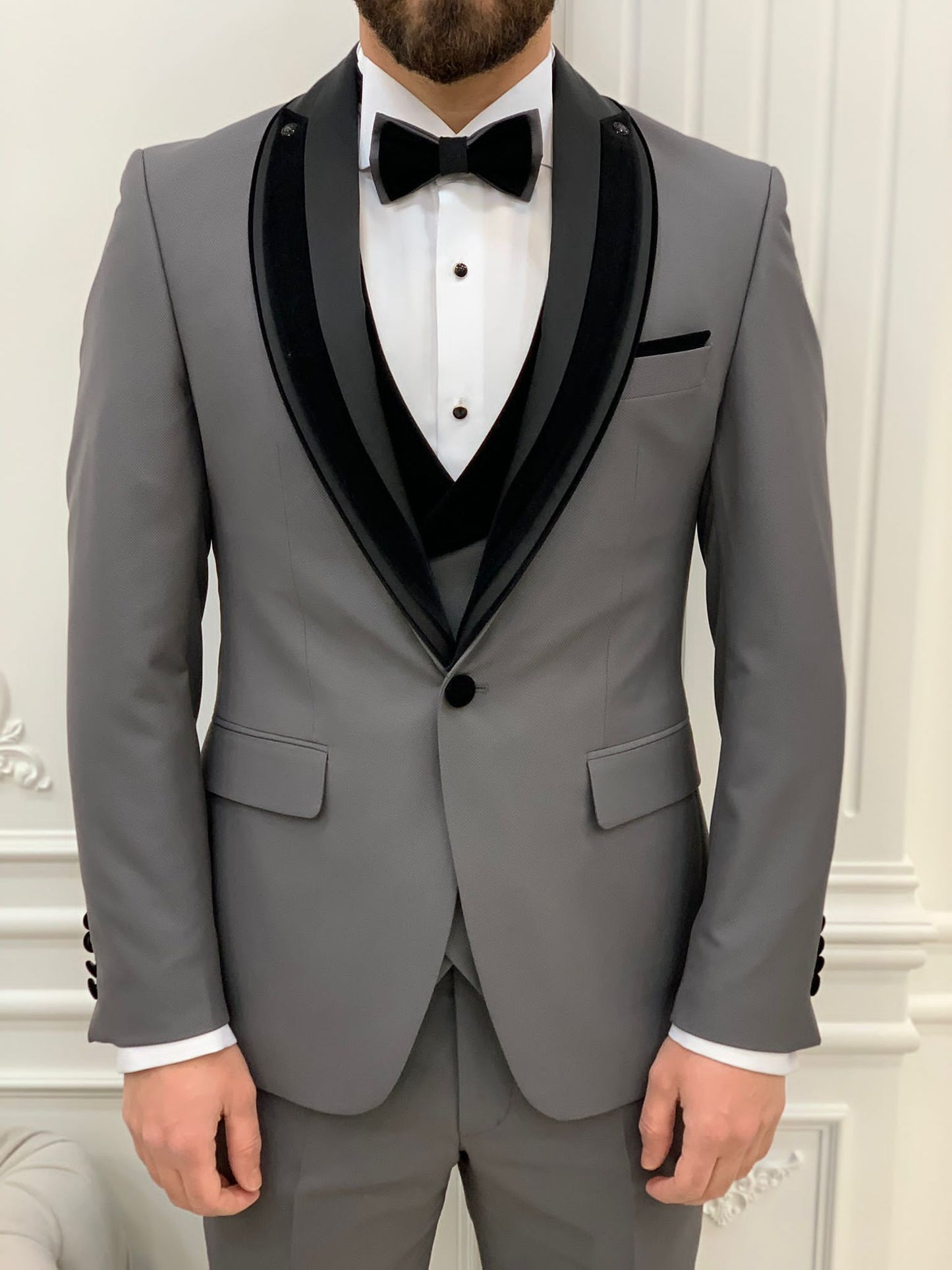 Eden Gray Slim Fit Velvet Satin Shawl Lapel Tuxedo