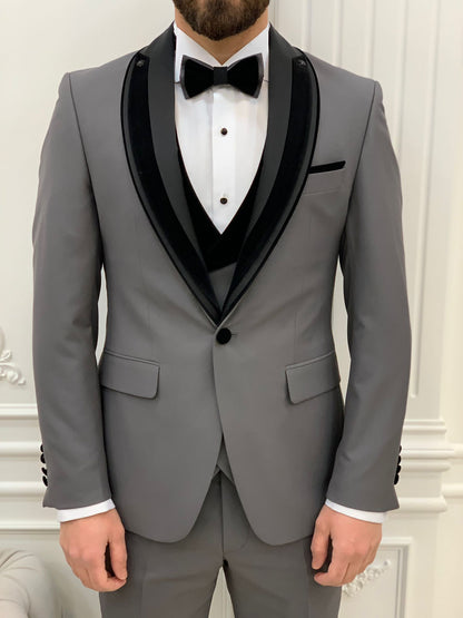 Eden Gray Slim Fit Velvet Satin Shawl Lapel Tuxedo