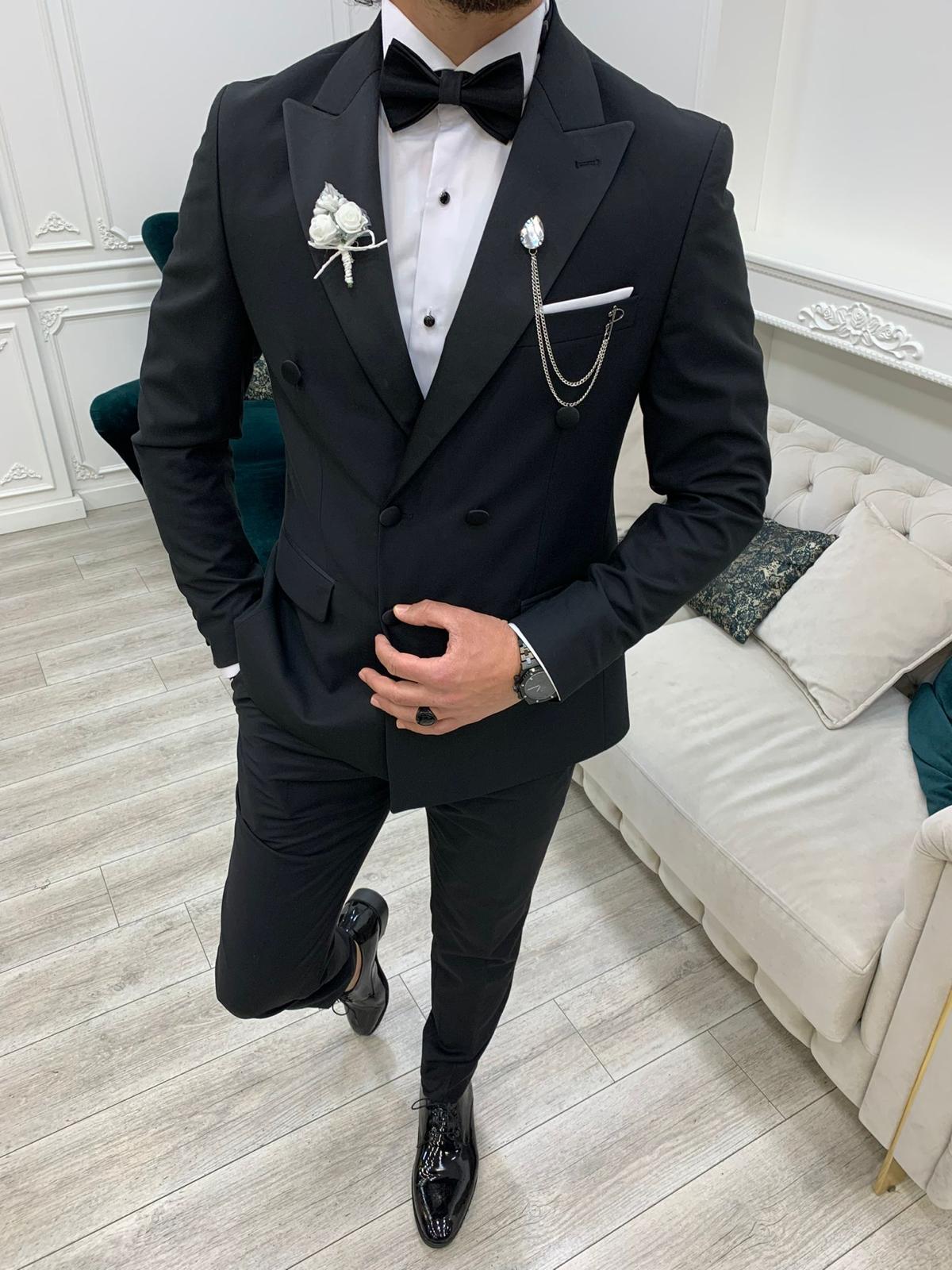 Forte Black Slim Fit Double Breasted Peak Lapel Tuxedo