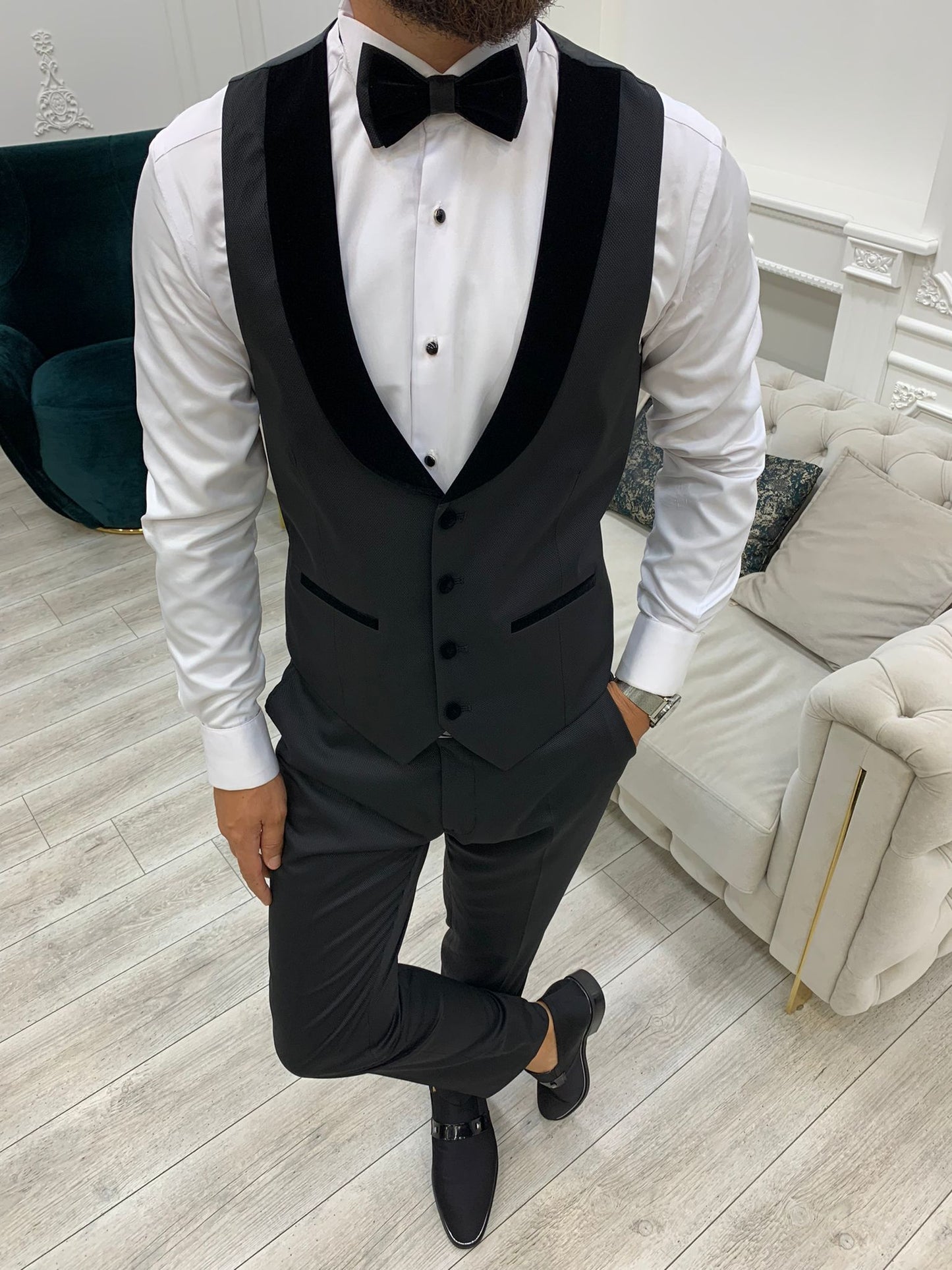 Edmond Black Slim Fit Velvet Peak Lapel Tuxedo