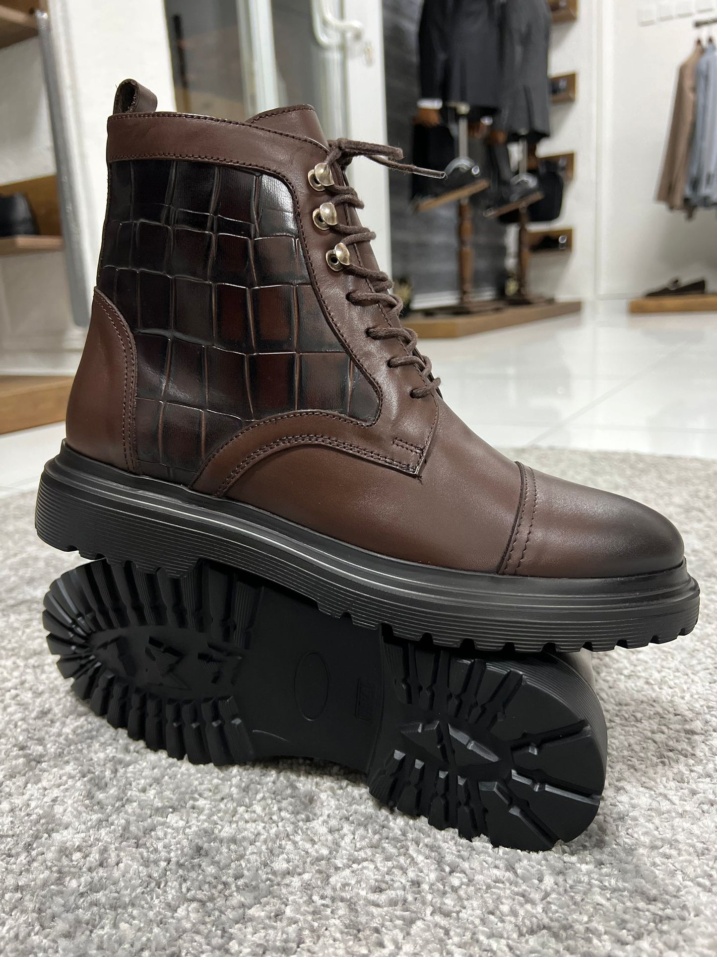 Lenzi Special Edition Zippered Croc Theme Leather Brown Boots