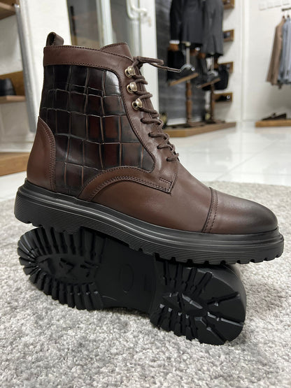 Lenzi Special Edition Zippered Croc Theme Leather Brown Boots