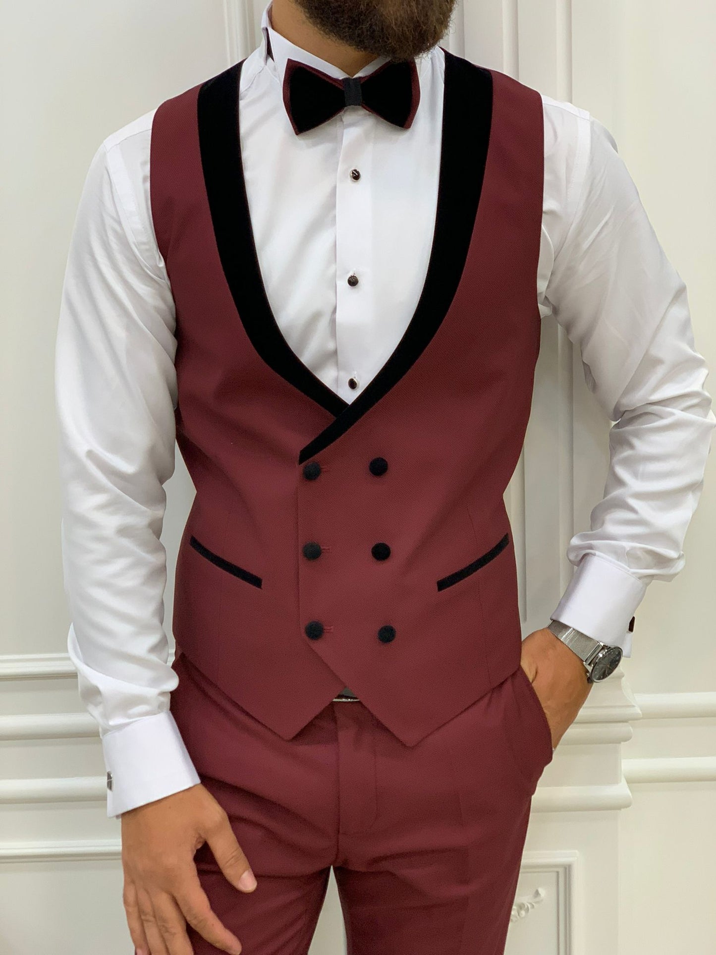 Lazio Burgundy Slim Fit Velvet Shawl Lapel Tuxedo
