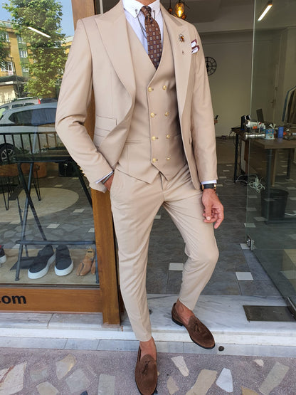Boston Beige Slim Fit Peak Lapel Wool Suit - Elevate Your Wardrobe