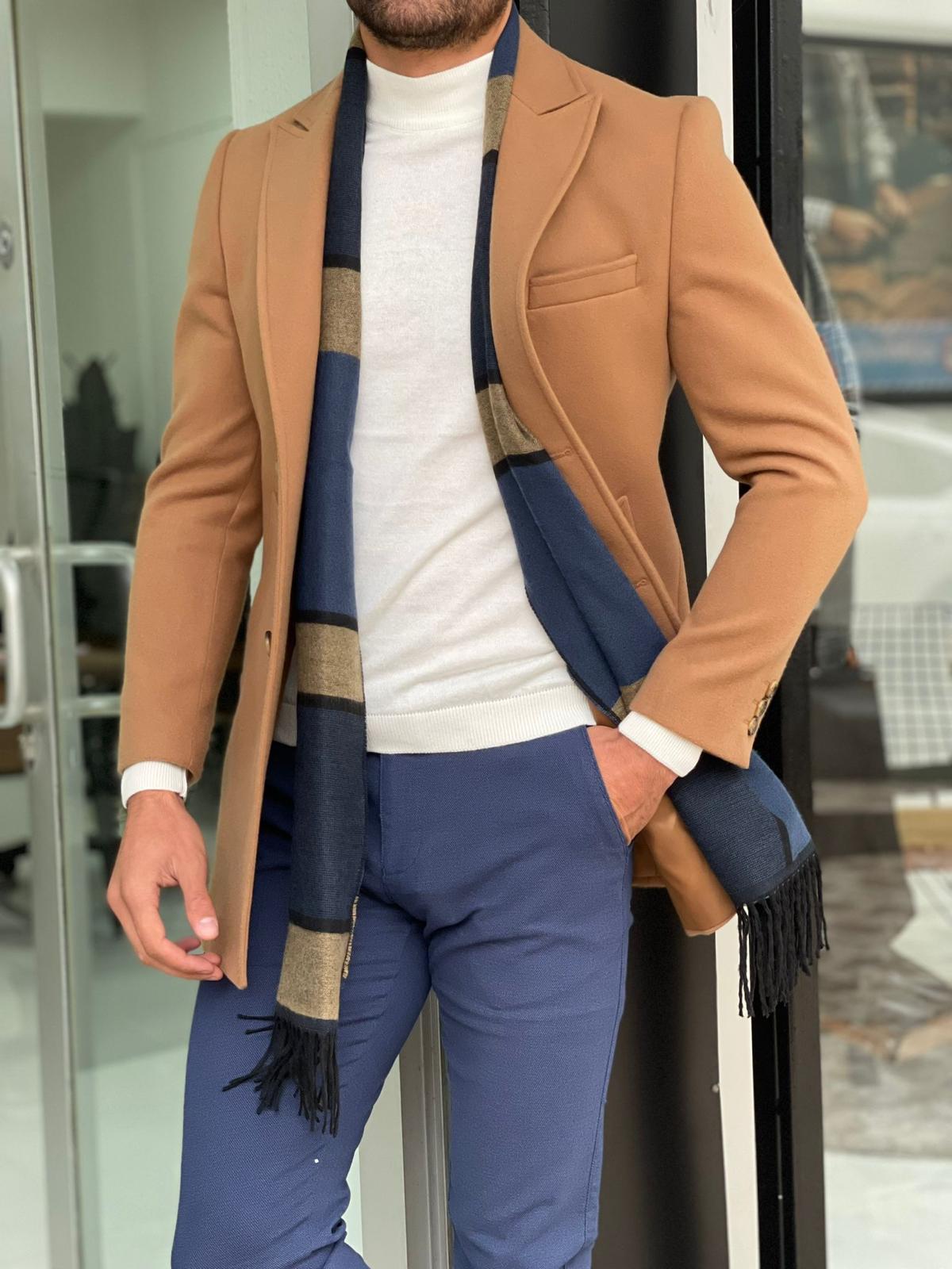 Viena Camel Slim Fit Wool Long Coat