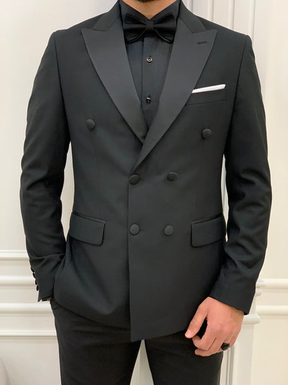 Forte Black Slim Fit Double Breasted Peak Lapel Tuxedo